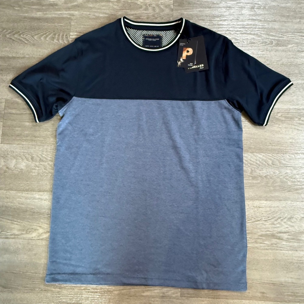 Denim & Flower‎ Ricky Singh Mens Medium Navy Blue Colorblock Knit T-Shirt NWT